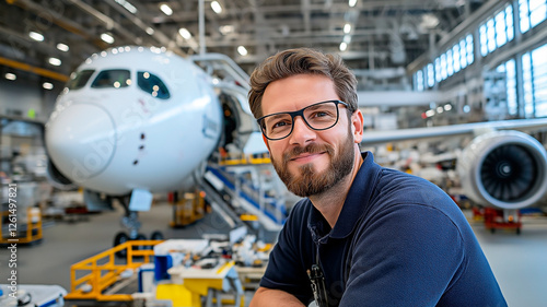 A smiling caucasian adult male engineer with glasses stands near a modern aircraft inside a bright hangar. Concept of high-level craftsmanship and precise aeronautical work.