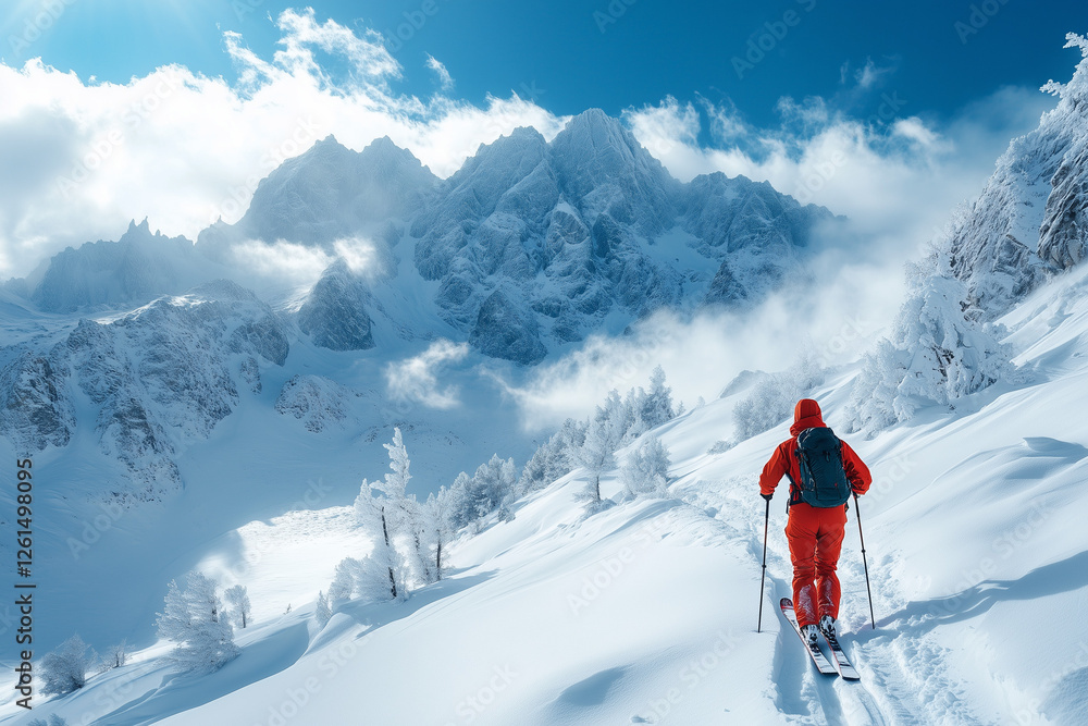 Ski Tourer in Bright Red Gear Exploring a Snowy Alpine Landscape Ski Tourer in Bright Red Gear Exploring a Snowy Alpine Landscape