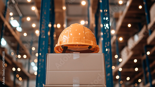 Generated ImageA bright orange hard hat rests on stacked boxes in a spacious storage facility. Concept of workplace safety and organized inventory management. photo