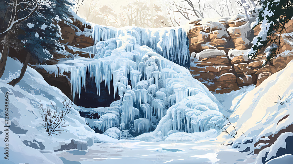 A frozen waterfall cascading down a rocky cliffside on a cold winter day, waterfalls in winter, cold winter day. Gravity-Reversed Waterfalls. Illustration A frozen waterfall cascading down a rocky cliffside on a cold winter day, waterfalls in winter, cold winter day. Gravity-Reversed Waterfalls. Illustration