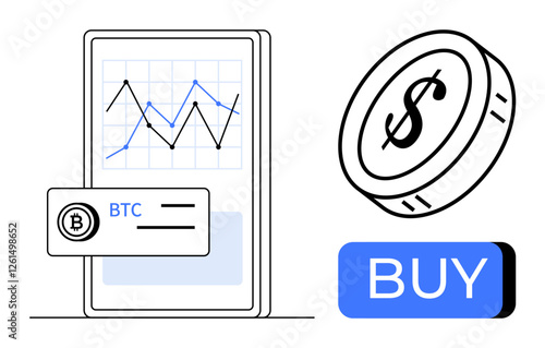 Smartphone showing BTC chart with data points, rising trend. Dollar coin and blue Buy button. Ideal for cryptocurrency, trading apps, financial courses, fintech tools, investment guides, economic