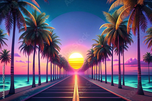 Fototapeta Naklejka Na Ścianę i Meble -  Retro sunset road, palm trees, beach, ocean, vibrant colors, digital art, travel, vacation