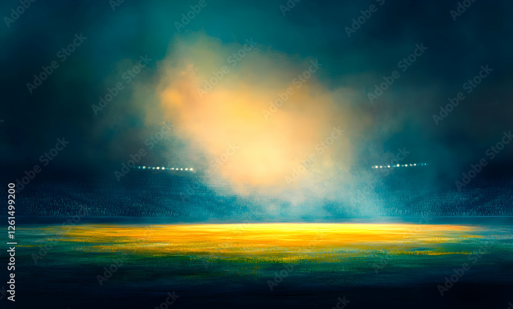 Obraz premium Ethereal Glow at the Stadium, A Dreamy Landscape of Sports Arena Radiating Light and Mystery Under a Twilight Sky, Captivating the Imagination