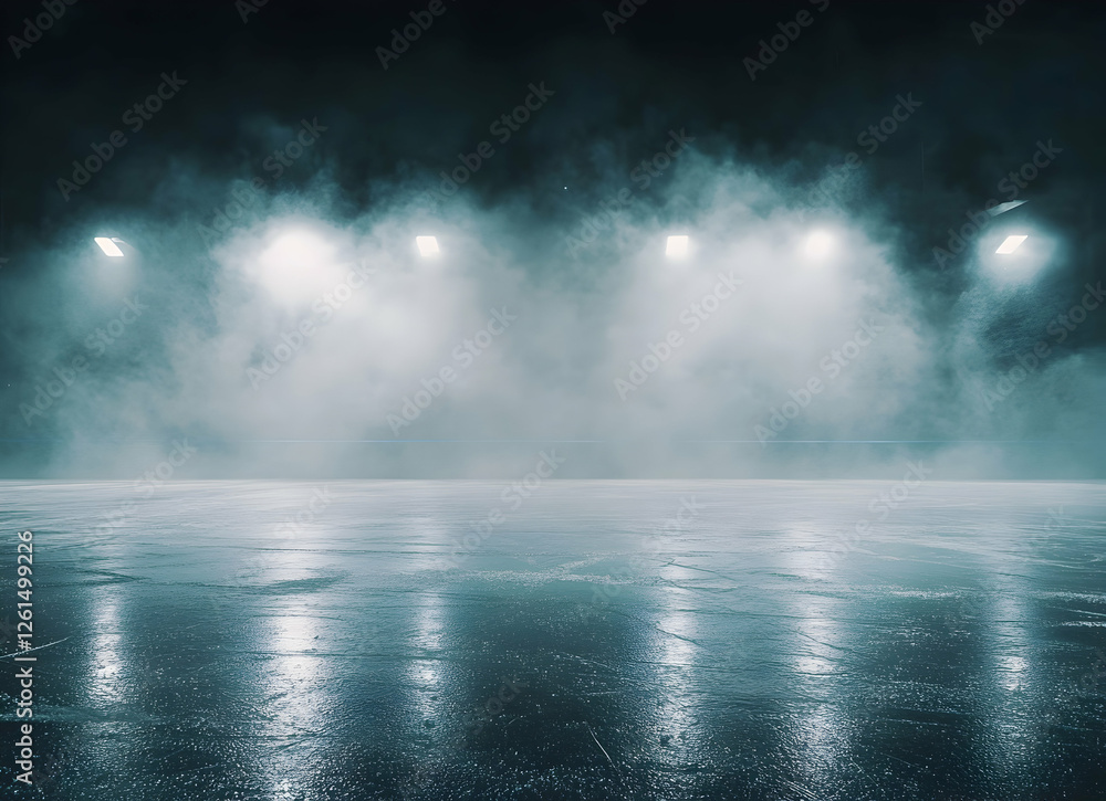 Ethereal ice arena illuminated by bright spotlights, casting long reflections across the pristine surface creating a dramatic atmosphere