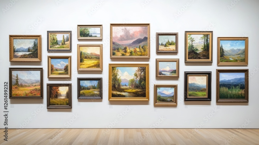 Fototapeta premium Art display showcasing a variety of landscape paintings in a bright gallery setting