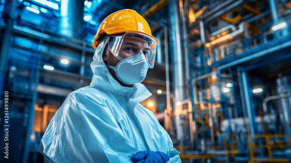 Safety measures in industrial setting with worker in protective gear during daytime operations Safety measures in industrial setting with worker in protective gear during daytime operations