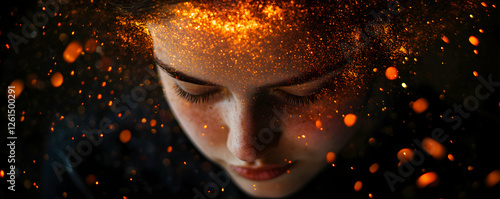 Girl immersed in glowing particles, a portrait of serenity and inner radiance, freckled skin bathed in soft warm light against a dark backdrop