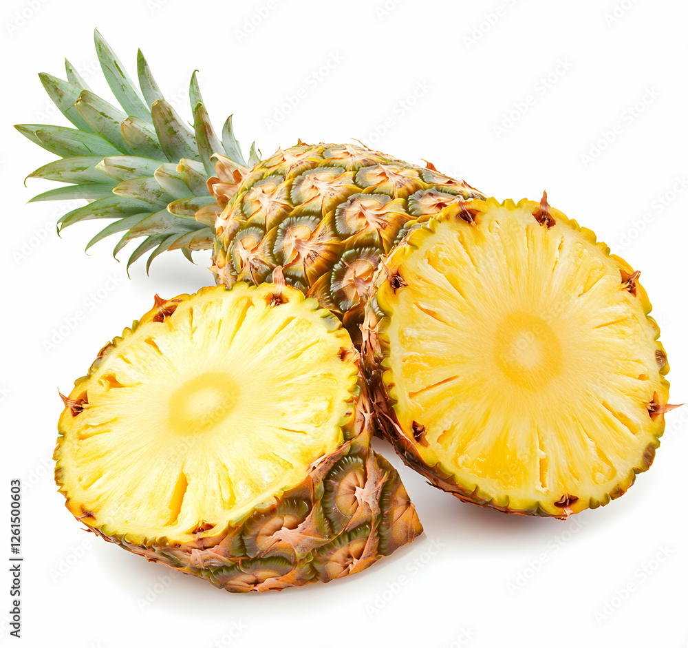 Golden Slices and Tropical Textures, A Fresh Pineapple Display Showcasing Vivid Yellow Hues and Exotic Delights on a Clean White Backdrop Golden Slices and Tropical Textures, A Fresh Pineapple Display Showcasing Vivid Yellow Hues and Exotic Delights on a Clean White Backdrop