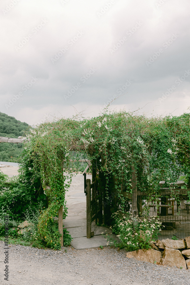 Lush green archway leading to a tranquil riverside location under cloudy skies Lush green archway leading to a tranquil riverside location under cloudy skies