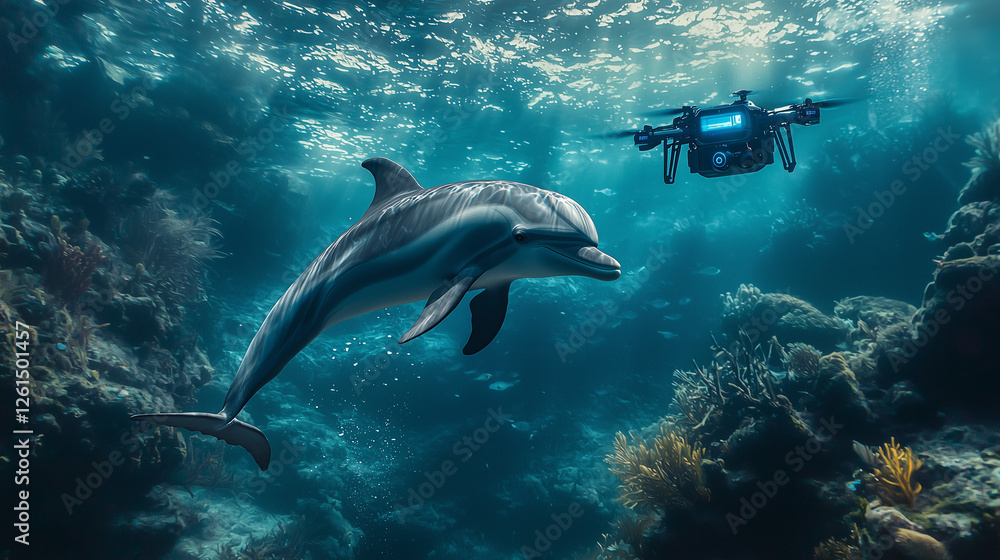 Fototapeta premium A dolphin gracefully swims near a vibrant coral reef, closely followed by an underwater drone capturing stunning footage. Sunlight penetrates the water, illuminating the scene