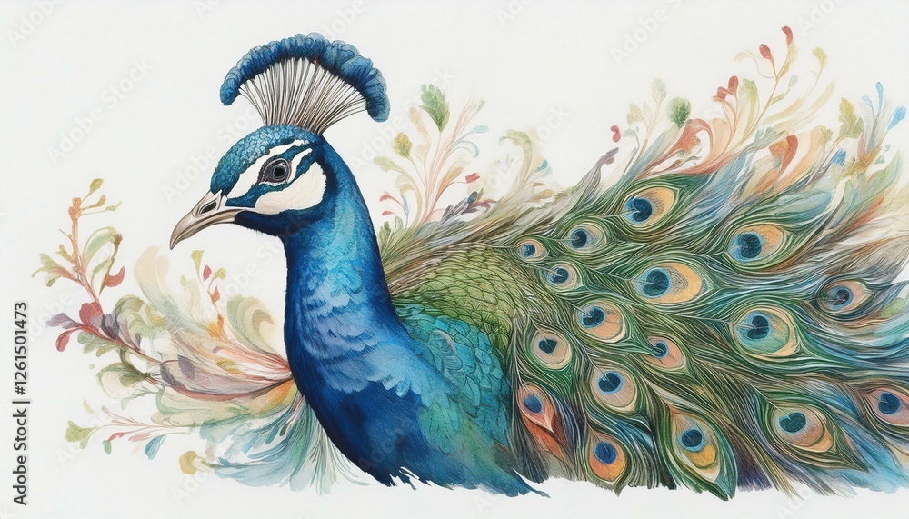 Fototapeta premium Hübscher Pfau, weißer Hintergrund