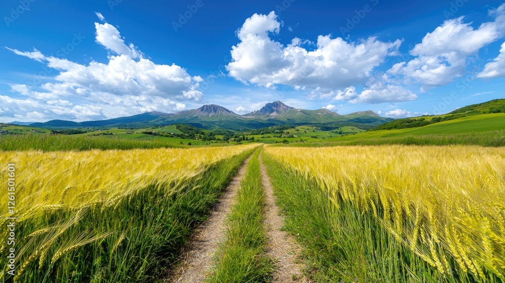 Fototapeta premium Sunny Mountain Meadow Path Through Golden Wheat