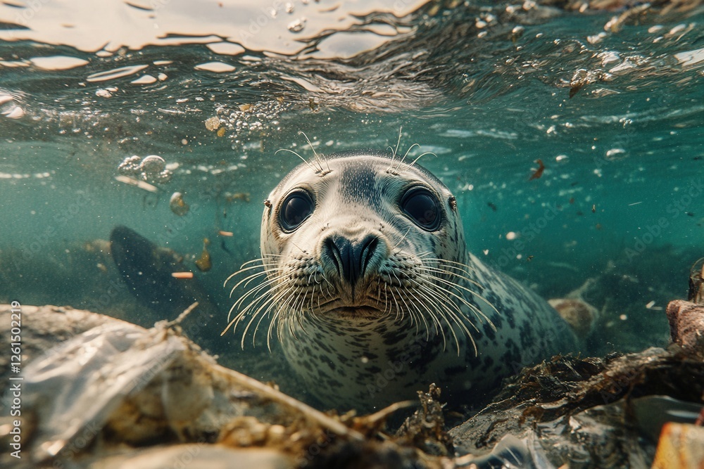 Fototapeta premium A curious harbor seal pup swims amidst plastic debris in the ocean. This image highlights the dangers of ocean pollution to marine wildlife.