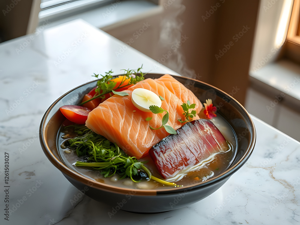 Delicious salmon sashimi with fresh vegetables in warm broth Delicious salmon sashimi with fresh vegetables in warm broth