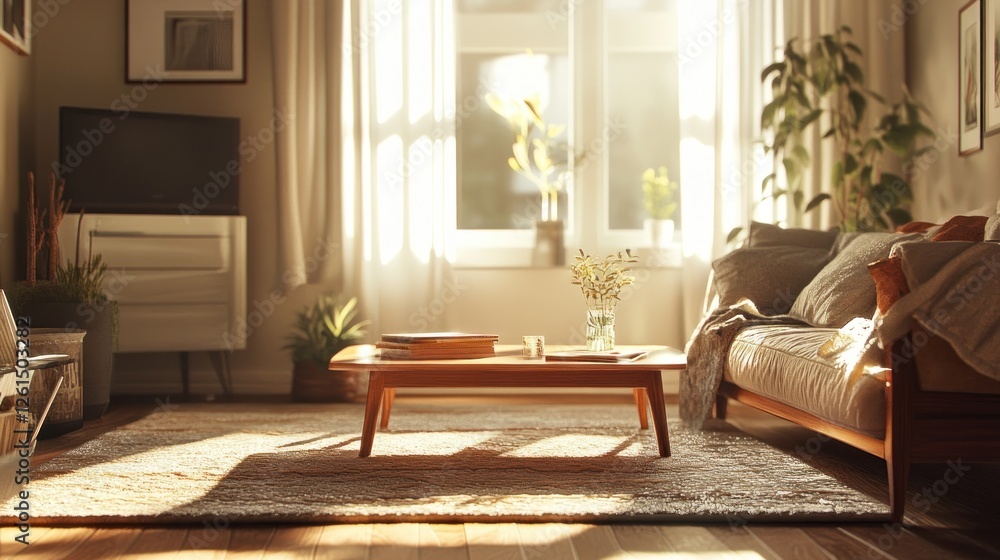 Fototapeta premium Warm interior scene with soft sunlight casting on comfortable living room
