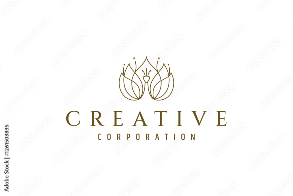 Elegant peacock logo with gold color line art design style Elegant peacock logo with gold color line art design style