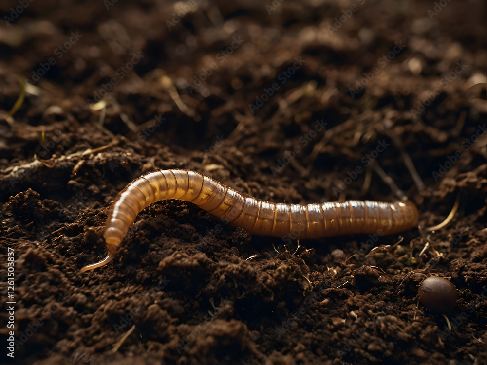 A close-up shot of a worm partially embedded in the rich soil, its slimy body contrasting with the earth's texture. The lighting highlights its moist skin and intricate body parts. A close-up shot of a worm partially embedded in the rich soil, its slimy body contrasting with the earth's texture. The lighting highlights its moist skin and intricate body parts.