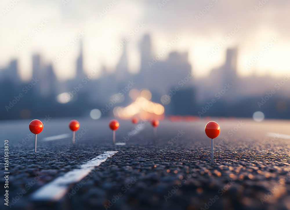 Navigating Urban Landscapes, Red Pin Markers on Asphalt Leading to a Blurred Cityscape, Conceptualizing Location, Destination, and Directional Strategy Navigating Urban Landscapes, Red Pin Markers on Asphalt Leading to a Blurred Cityscape, Conceptualizing Location, Destination, and Directional Strategy