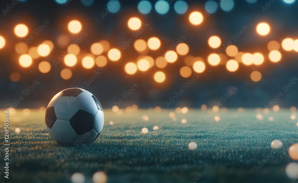 Fototapeta premium Nighttime anticipation, A soccer ball rests on the dewy field under a luminous display of bokeh lights evoking a sense of excitement and sportsmanship