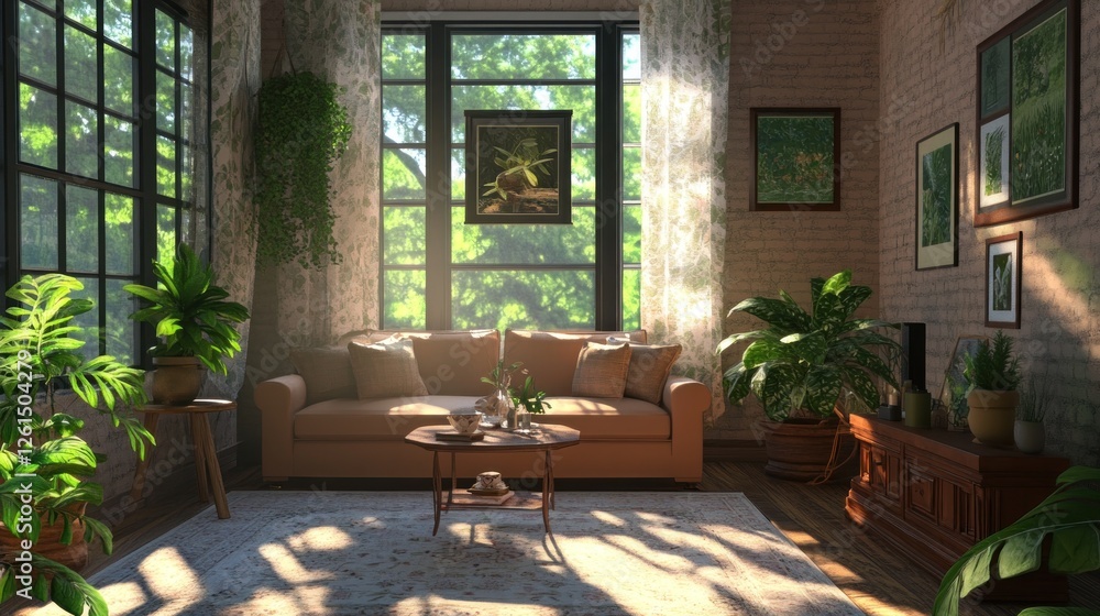 Fototapeta premium Sun-Drenched Serenity, Indoor Oasis with Natural Light and Greenery