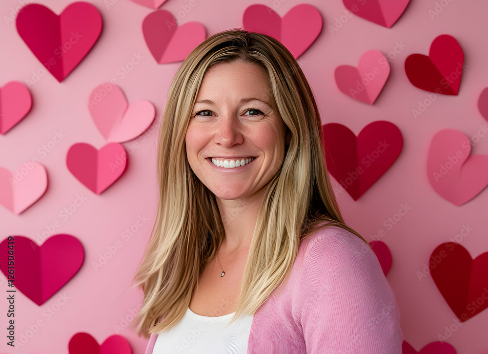Portrait of a smiling woman against a vibrant pink heart backdrop radiates affection and cheerful celebration of love, perfect for Valentine's Day promotions Portrait of a smiling woman against a vibrant pink heart backdrop radiates affection and cheerful celebration of love, perfect for Valentine's Day promotions