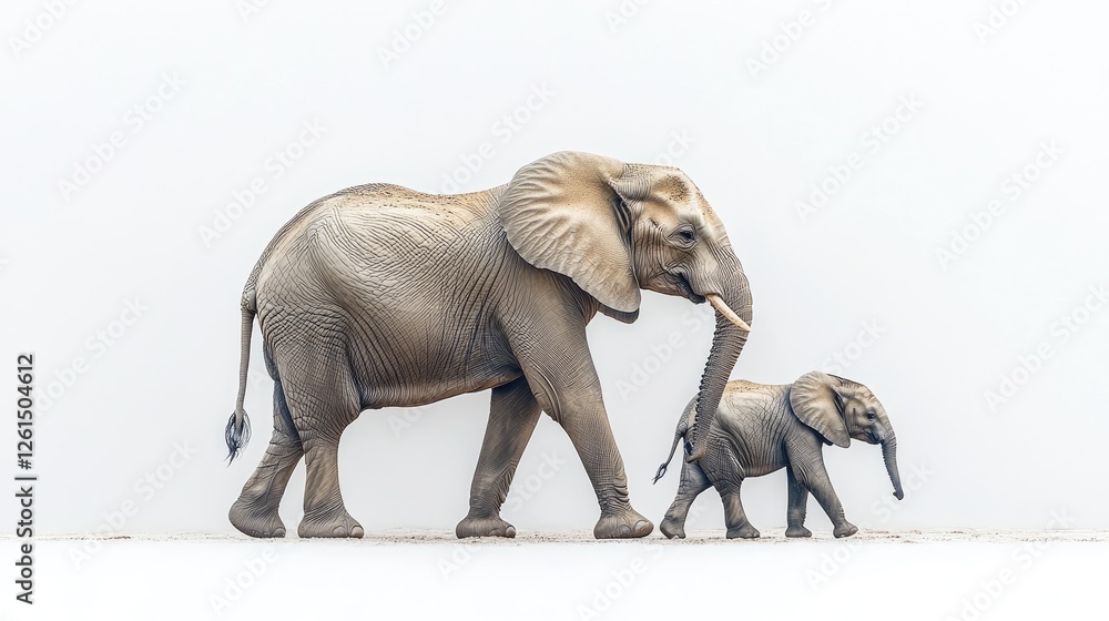 Fototapeta premium Two elephants, one adult and one calf, walking gracefully on a minimalist background