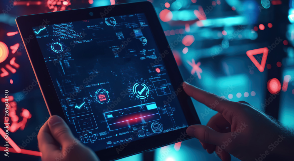 person using a futuristic tablet with a digital interface, cybersecurity concept