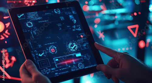 Obraz na płótnie person using a futuristic tablet with a digital interface, cybersecurity concept w salonie