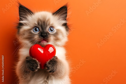 Ragdoll - my preferred cat. Cute ragdoll feline infant with pet animal toy red heart - emblem of love, funny greeting card. Digital ads creative. Fluffy animal valentine's day. photo