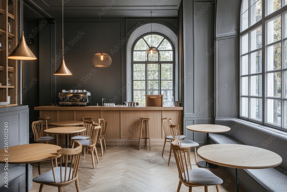 Fototapeta premium Modern cafe interior, bar area, natural light, people absent