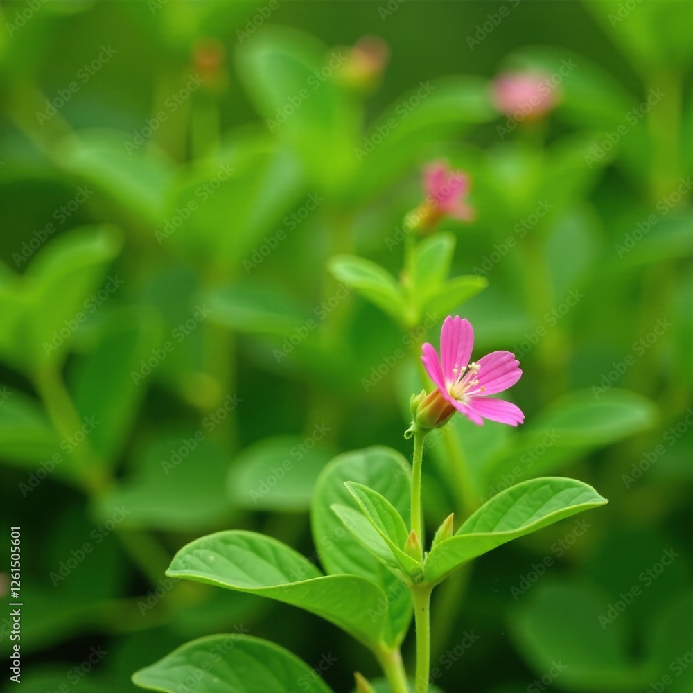 slender green stem with a single pink flower is nestled among leafy greens and stems, leaves, flower slender green stem with a single pink flower is nestled among leafy greens and stems, leaves, flower
