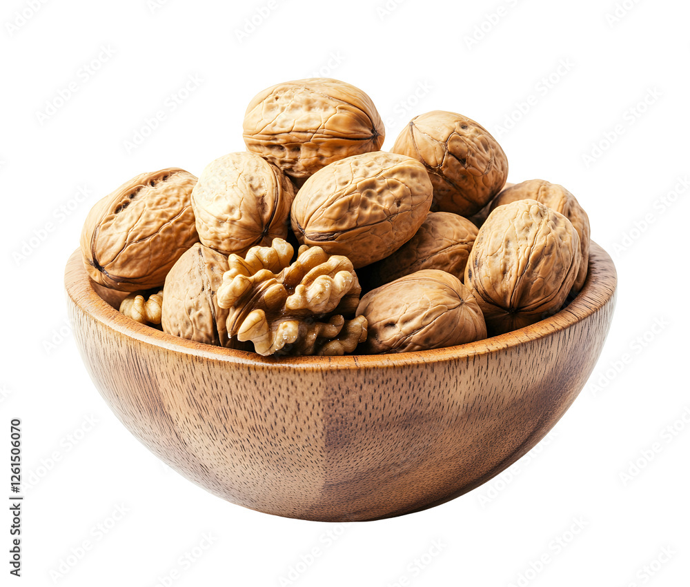 Rustic wooden bowl overflowing with walnuts against a stark black backdrop for a clean, modern aesthetic and showcasing textures of the nut shells Rustic wooden bowl overflowing with walnuts against a stark black backdrop for a clean, modern aesthetic and showcasing textures of the nut shells