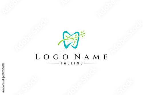 tooth logo with twig leaf combination in flat design style