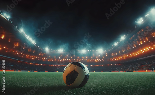 Soccer Ball Awaiting Kickoff at a Vivid Stadium, Throngs of Fans Anticipate the Start Under the Dramatic Glow of Stadium Lights During Evening Game photo