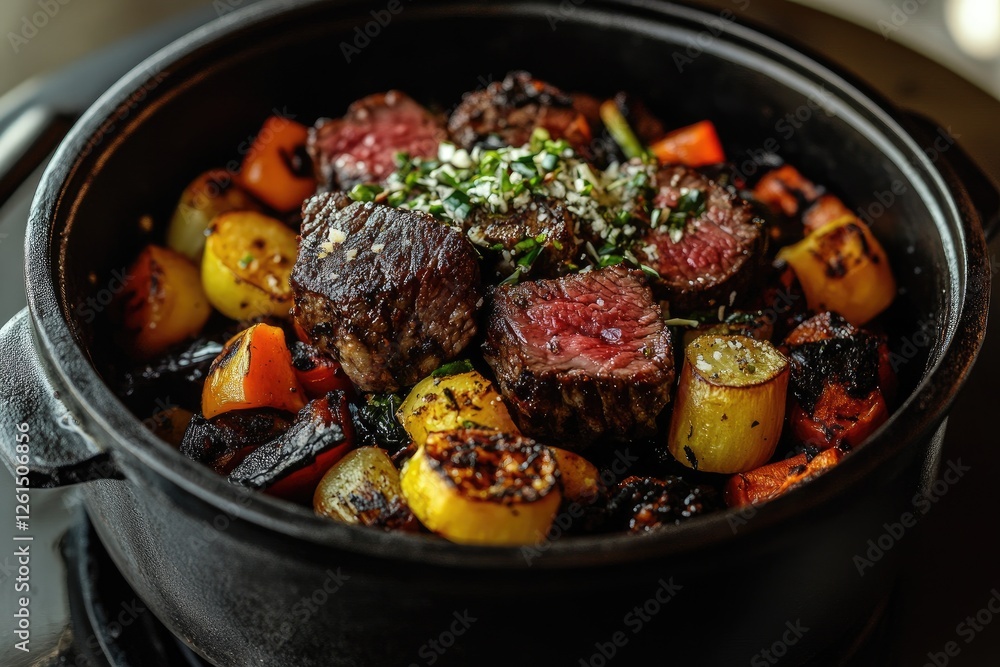 Roasted beef and vegetables in a large cast iron pot on stove top Roasted beef and vegetables in a large cast iron pot on stove top