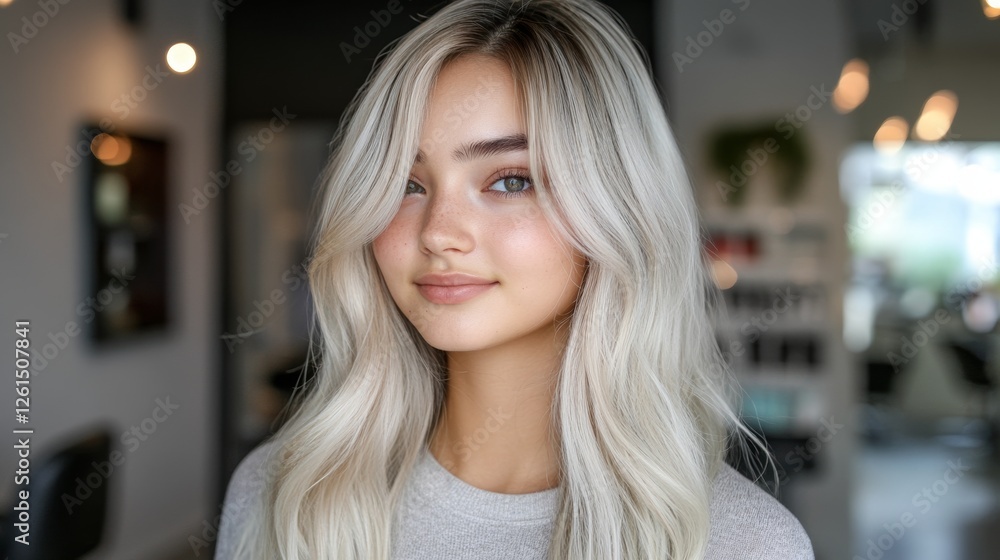 Young woman with long, wavy blonde hair smiles confidently in a modern salon setting during the day