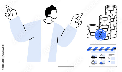 Man pointing upwards. Three stacks of coins. Online marketplace interface with shopping icons. Ideal for e-commerce, online business, financial planning, wealth management, investment strategies