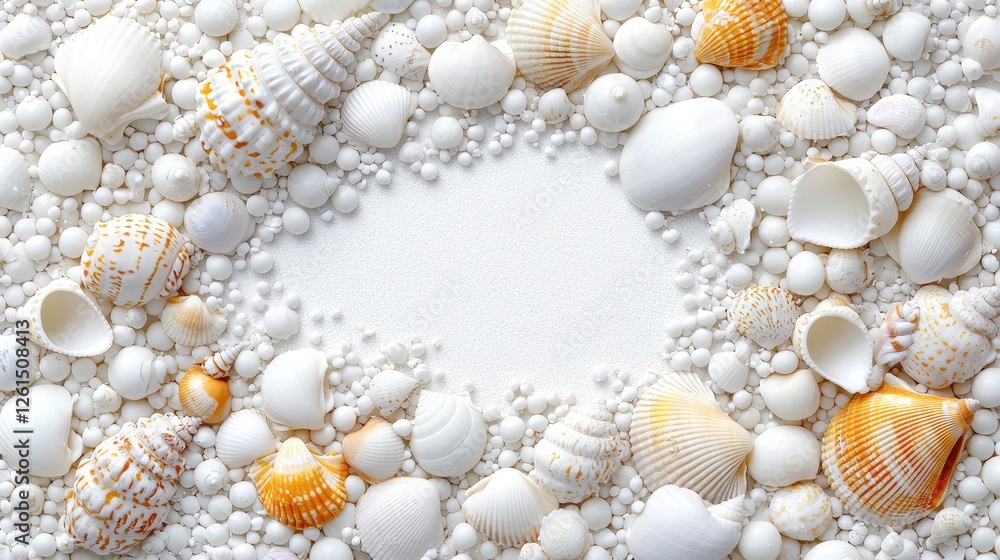 Decorative seashells, white background, frame, for design or backdrop
