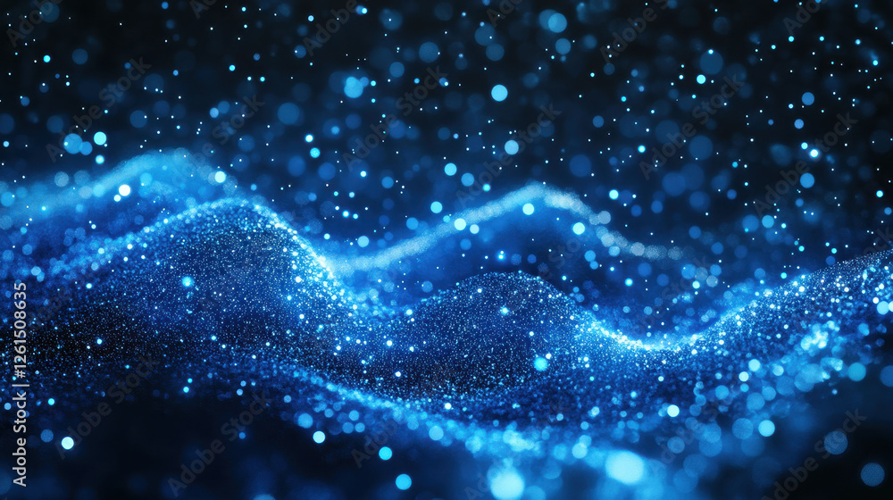 Abstract blue glowing particles wave on a dark background with a bokeh effect Abstract blue glowing particles wave on a dark background with a bokeh effect