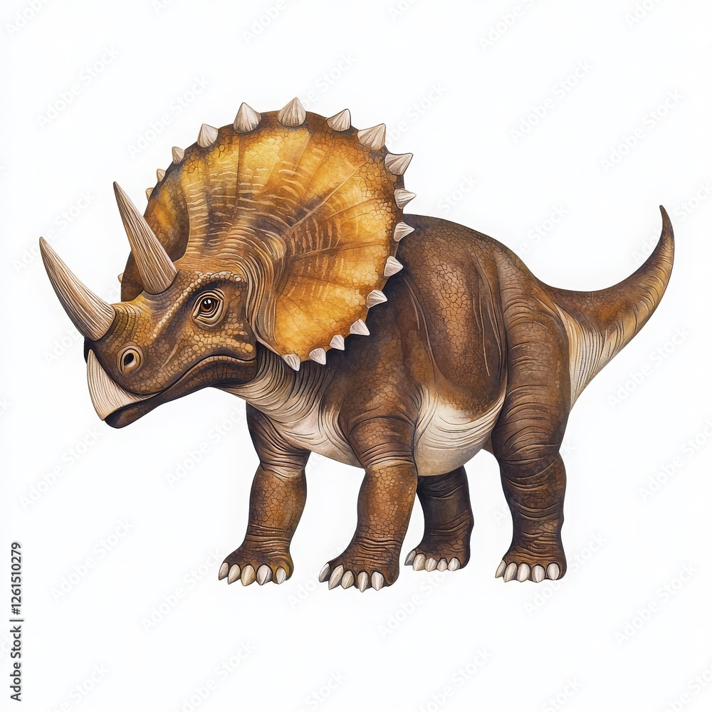 Fototapeta premium A detailed depiction of a Triceratops, showcasing its distinctive three horns, frill, and sturdy body, typical of this iconic dinosaur species.