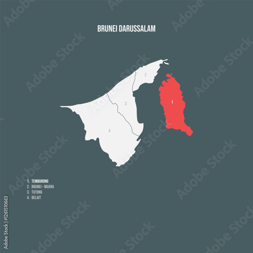 Brunei Darussalam Map with 4 Districts - Temburong