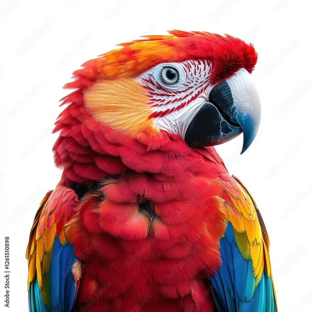 Fototapeta premium Colorful parrot isolated on a white background in a realistic photo capturing vibrant feather details