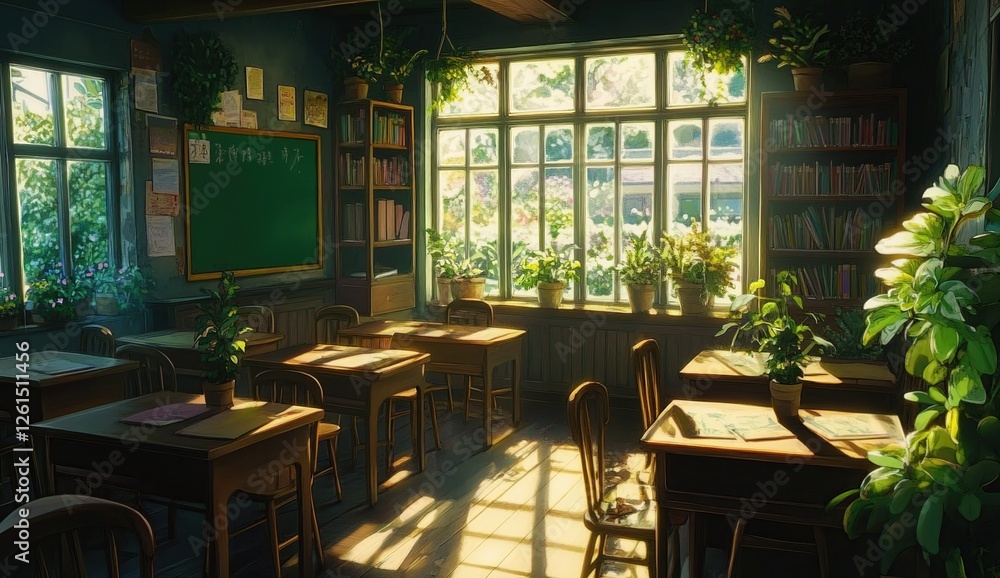 Fototapeta premium Sunlit Classroom: Wooden Desks, Plants, Books, and a Blackboard Illuminate a Serene Study Space