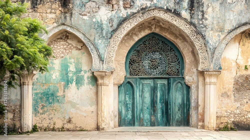 Fototapeta premium Intricate blue wooden door framed by ornate arches on a weathered, colorful wall in a serene setting
