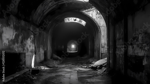 Dusty, echoing tunnel, abandoned mine shaft. urban exploration photography. Echoing Ruins. Illustration