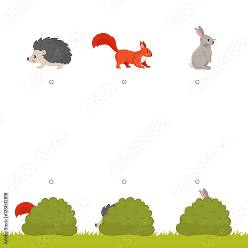 Matching children educational game. Who was hiding behind the bush? Activity for pre sсhool years kids and toddlers.