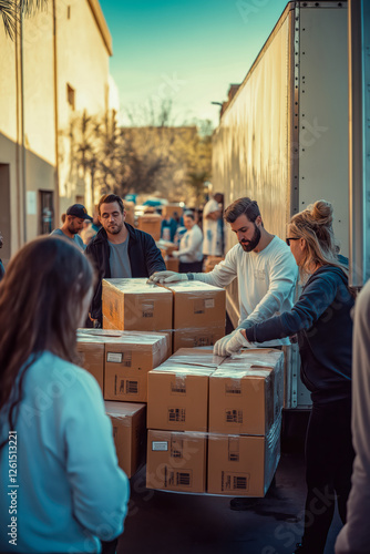 Volunteers loading boxes into truck for community support in alleyway setting.