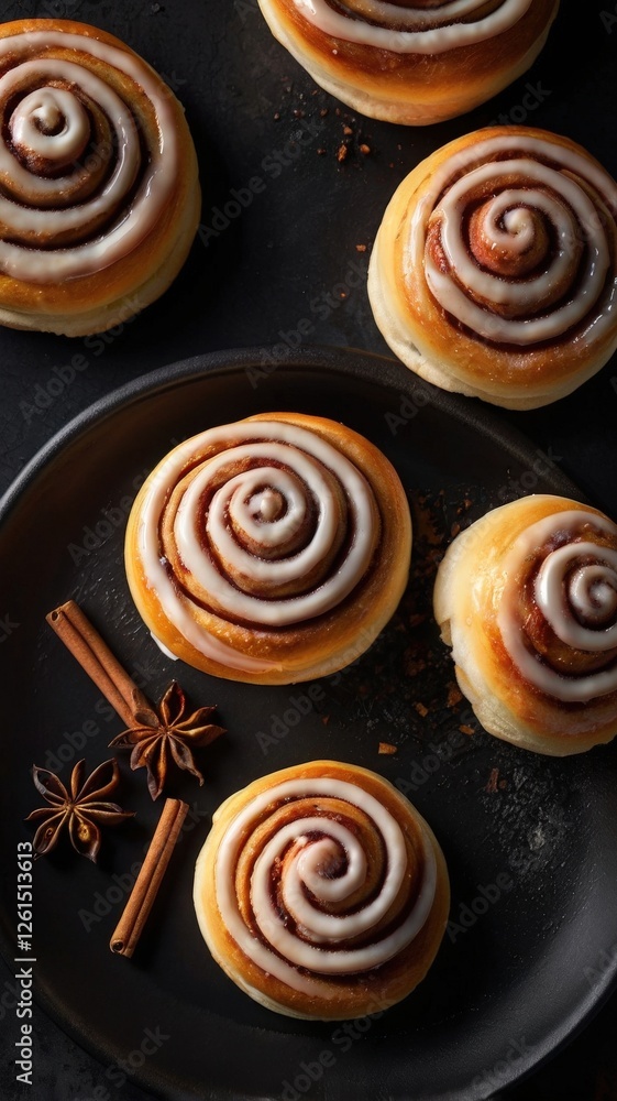 Decadent Cinnamon Bliss: Hyper-Realistic Rolls and Tea in Moody Elegance Decadent Cinnamon Bliss: Hyper-Realistic Rolls and Tea in Moody Elegance