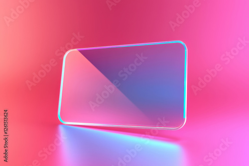 Futuristic holographic floating business card in neon blue and pink