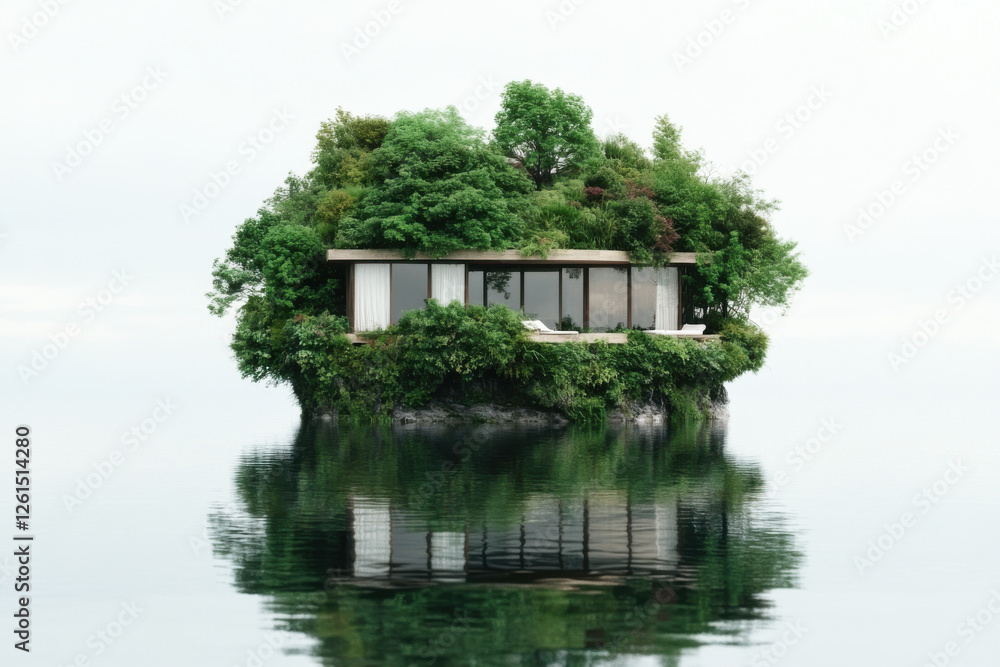 A house is built on a small island surrounded by water A house is built on a small island surrounded by water